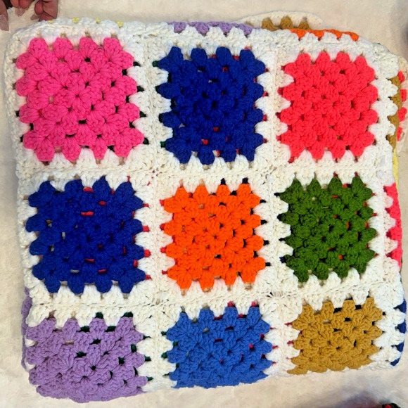 Vintage Rainbow Granny Square Afghan Blanket Crochet 70x50 Roseanne NEON - Picture 1 of 5